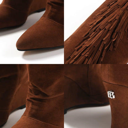 Suede Fringe Wedge Boots