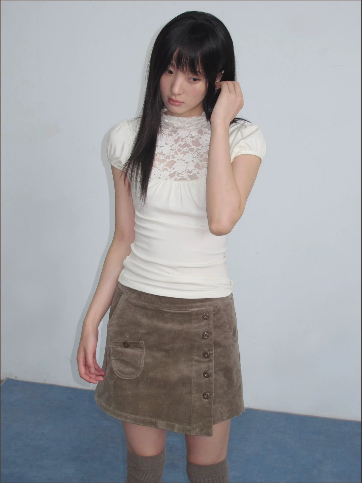 Lace Yoke Ruched Fitted Top