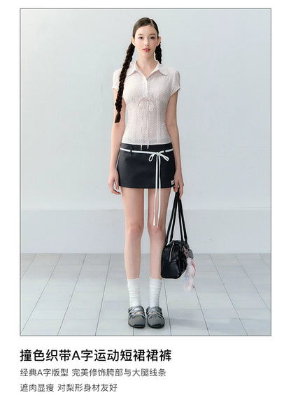Korean Style Color-Block Tie Waist Shorts Skirt