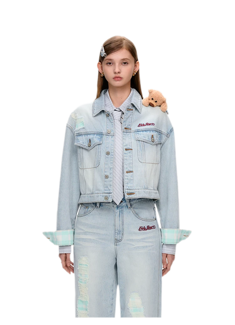 Plaid Cuffed Denim Jacket