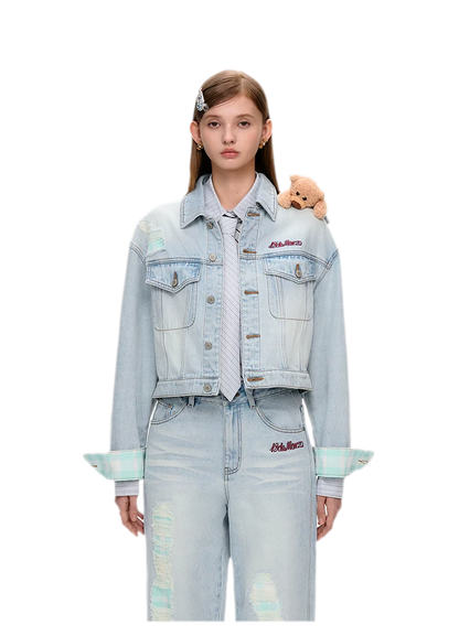 Plaid Cuffed Denim Jacket