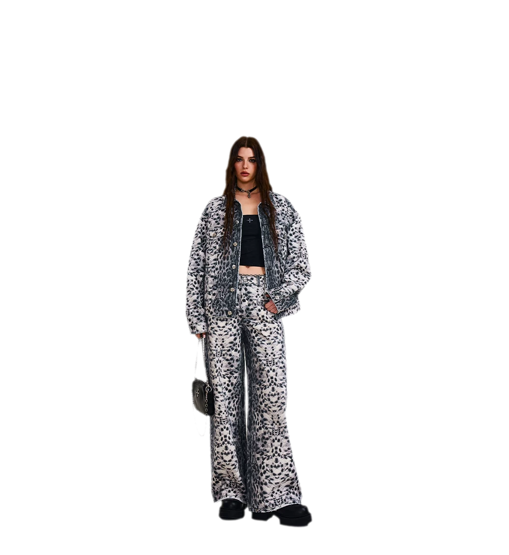 Cross Statue Leopard Camo Denim Jacket