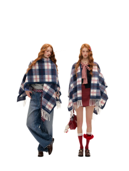 Vintage Plaid Fringed Shawl
