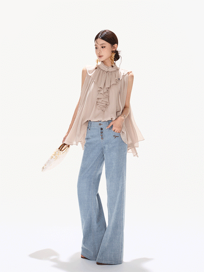 90s Vintage Washed Metal Button Wide-Leg Denim Pants