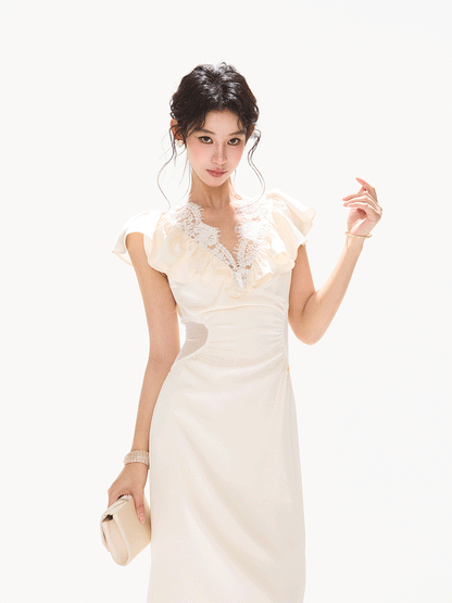 Lace V-Neck Ruffled Waist-Detail Midi Dress