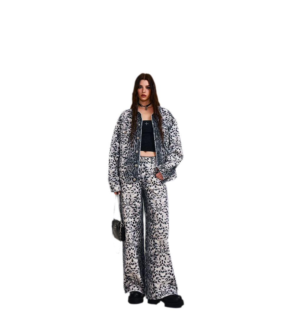 Cross Statue Leopard Print Wide-Leg Jeans