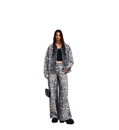 Cross Statue Leopard Print Wide-Leg Jeans