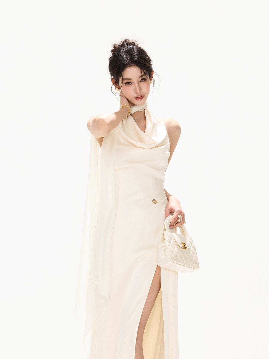 French Style One-Shoulder Backless Halter Long Dress