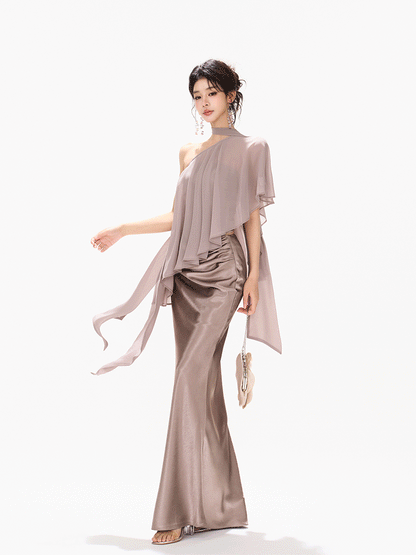 Amber Glow High-Waist Fishtail Satin Skirt