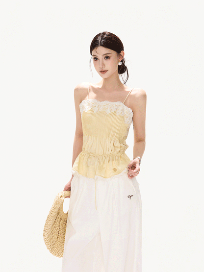 South France Holiday Lace Trim Waist-Cinched Camisole