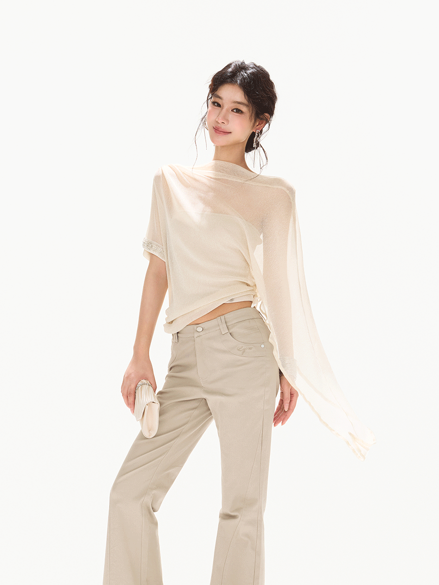 Silver Mesh Beaded Batwing Sleeve Top