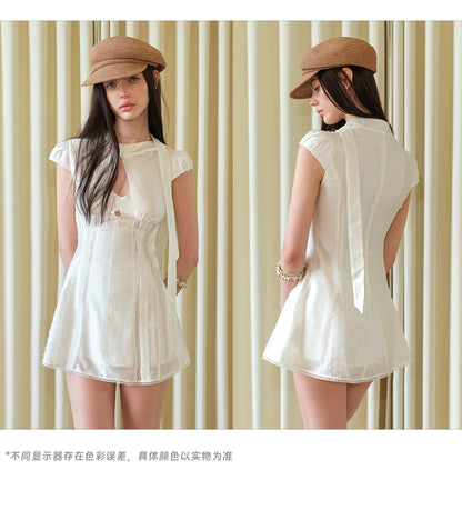 Summer Vintage Acetate Ribbon Cutout Waist Dress