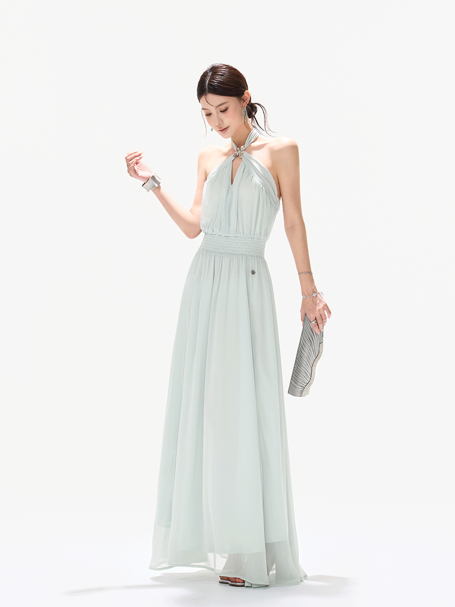 Misty Blue Halter Neck Chiffon Long Dress