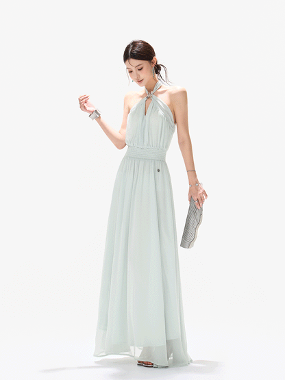 Misty Blue Halter Neck Chiffon Long Dress