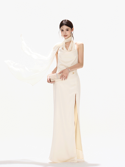 Halterneck Draped Satin Long Dress with Side Slit