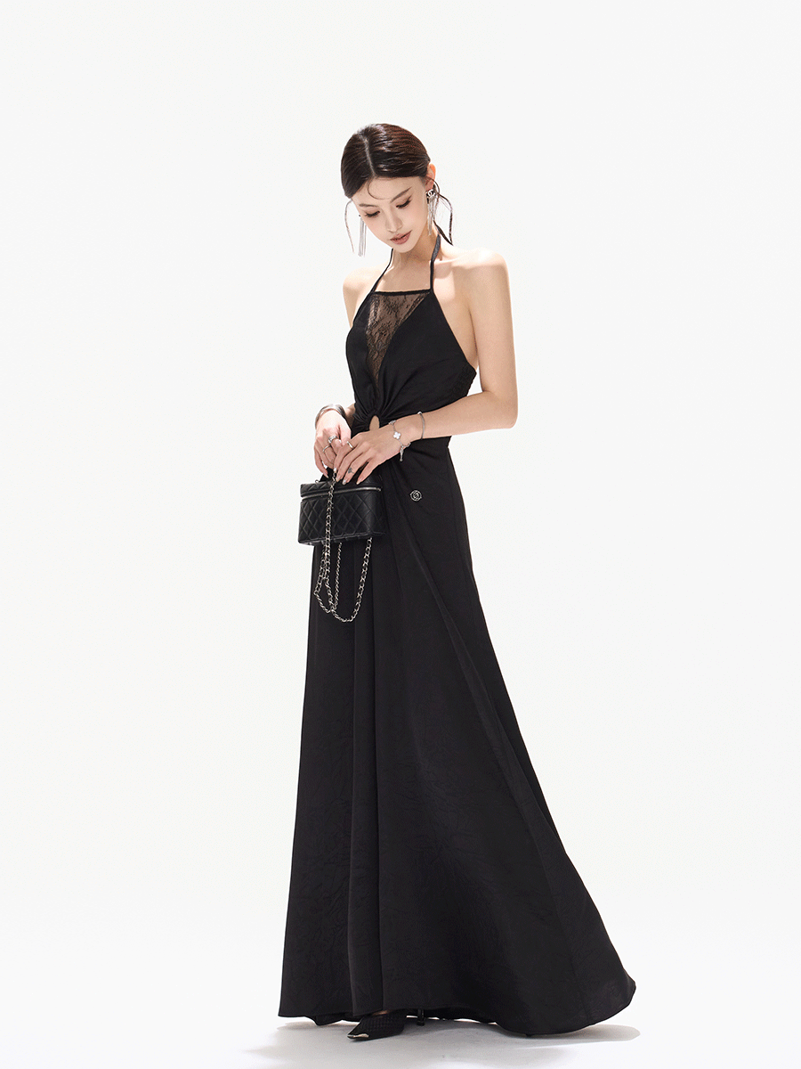 Mesh Lace Deep V Halter Dress with Satin