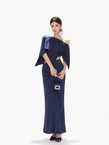 Night Banquet Muse Indigo Asymmetric Off-Shoulder Long Dress