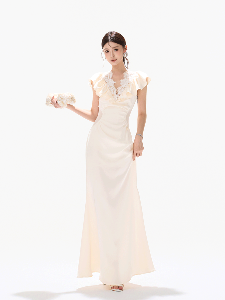 Vintage Ruffled Lace Waist-Cut Long Dress