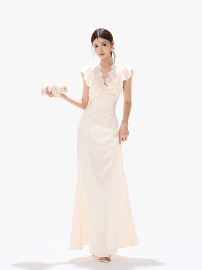 Vintage Ruffled Lace Waist-Cut Long Dress