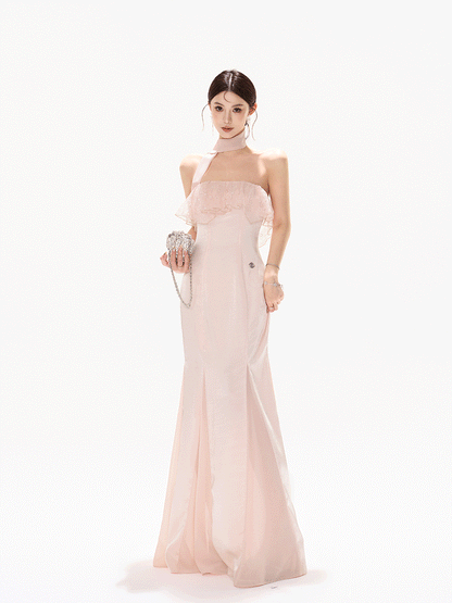 Strapless Lace Ruffle Fishtail Long Dress in Champagne
