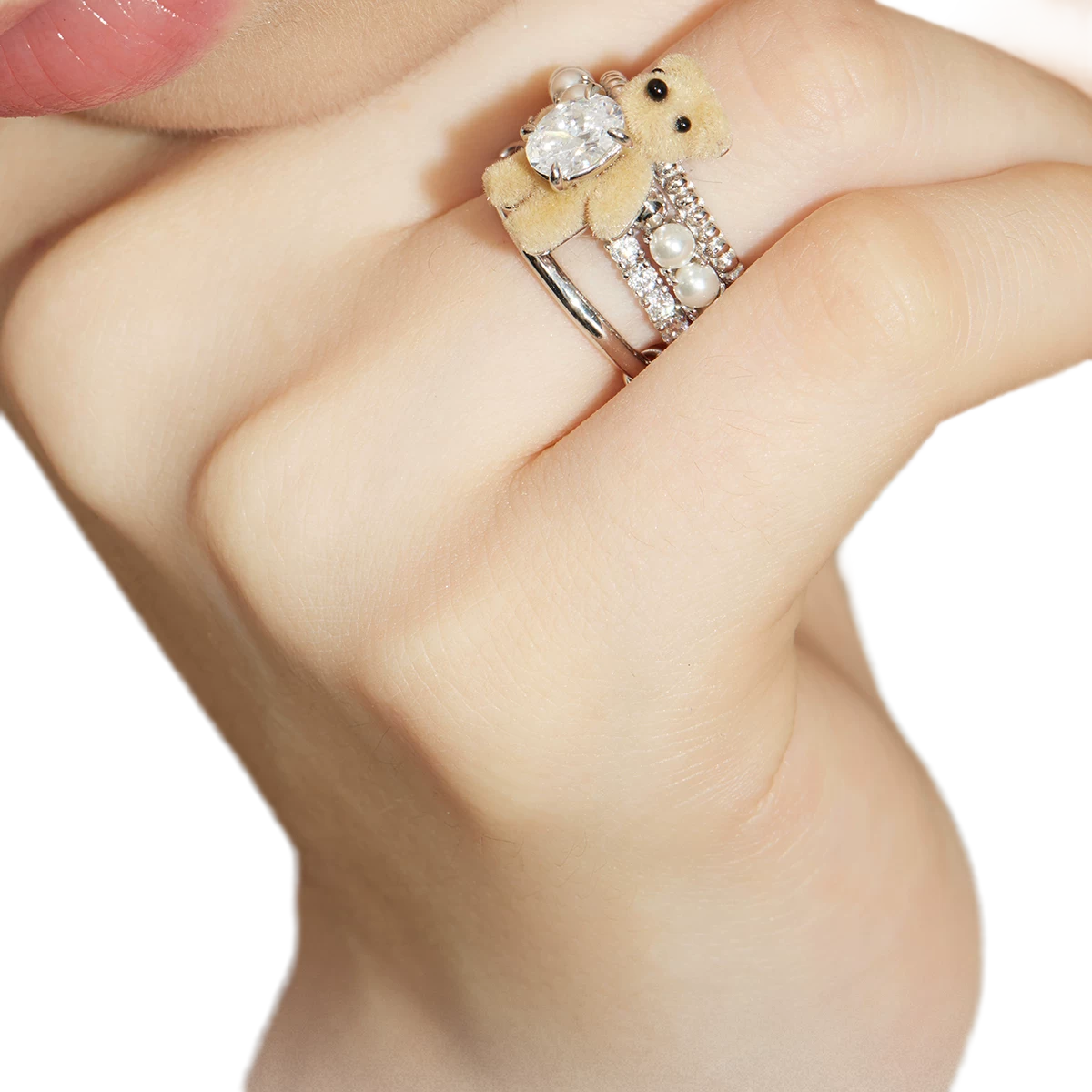 Plush Teddy Bear Pearl Ring