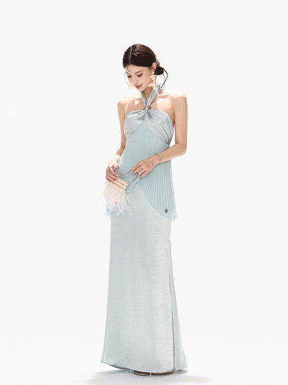 Misty Blue Pleated Halter Satin Long Dress