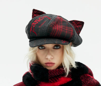 Embroidered Cat-Ear Plaid Newsboy Hat