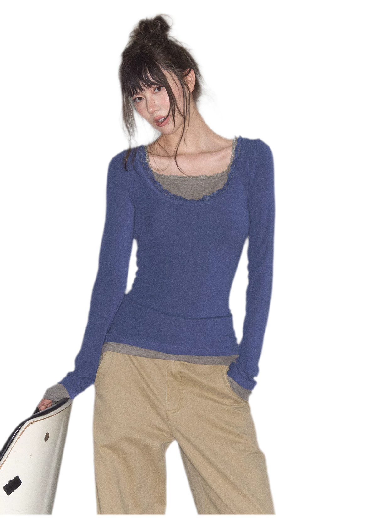 Mehrlagiges Stricktop mit Spitzenbesatz