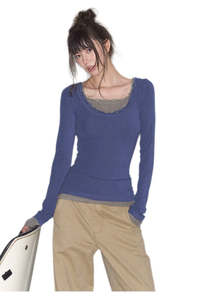 Mehrlagiges Stricktop mit Spitzenbesatz