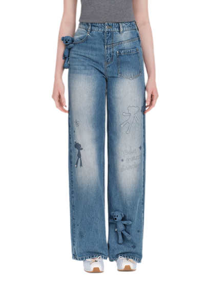 Bear Print Denim Pants