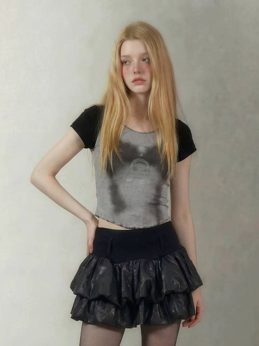 Printed Ruffle Cropped T-Shirt