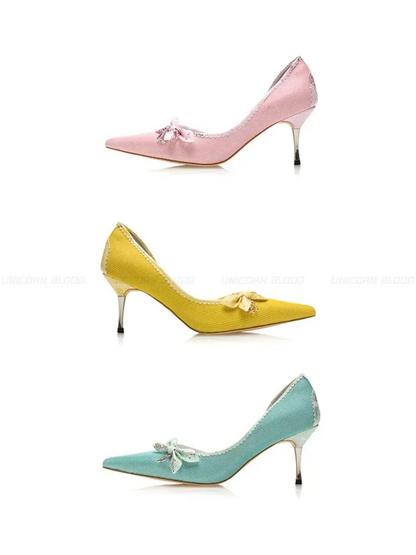 Glossy Bow Pointed-Toe Pumps