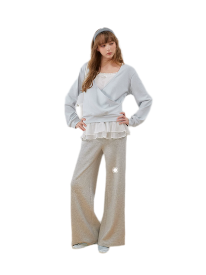 Sweatshirt met kanten ruches en V-hals