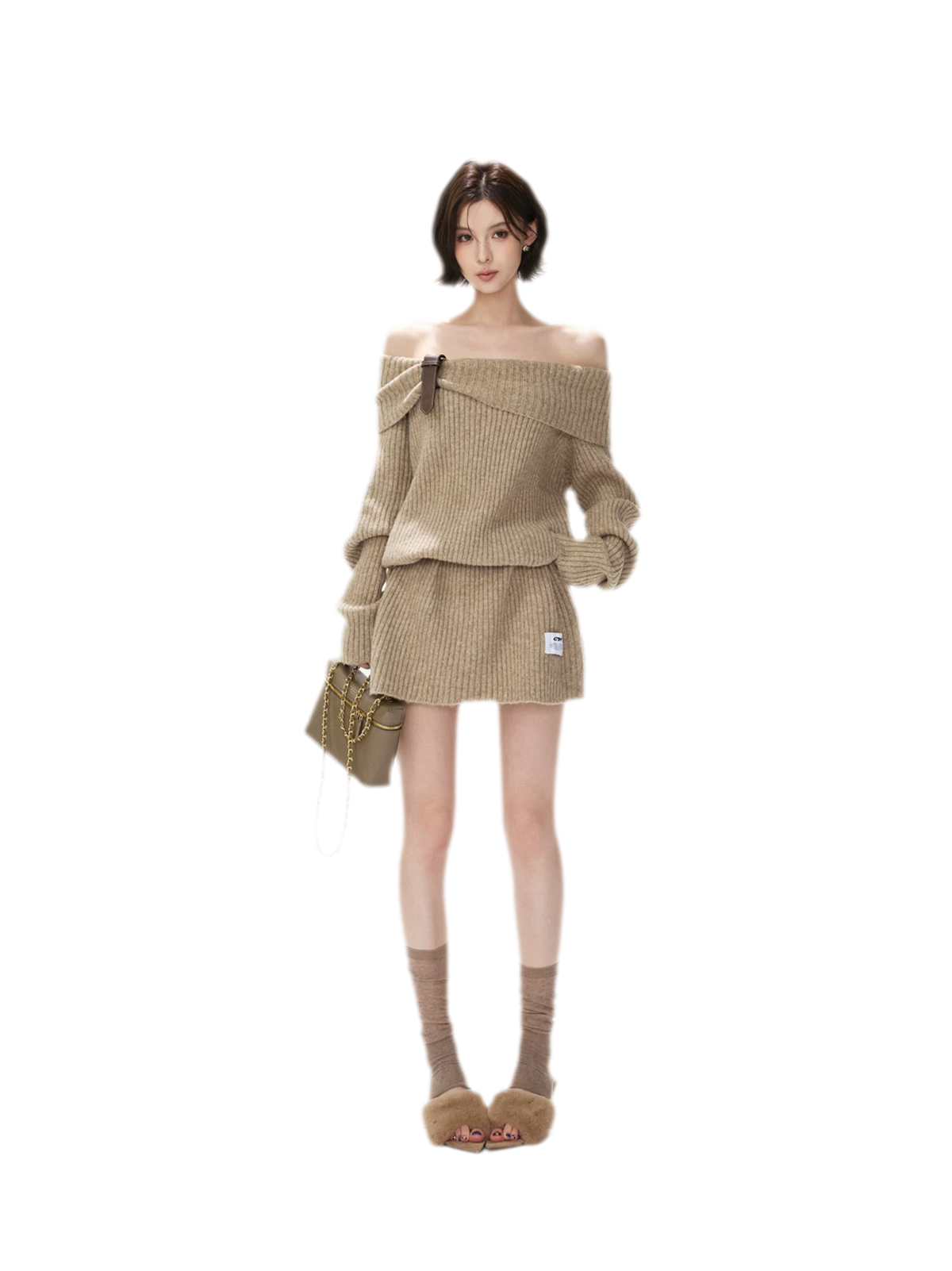 Aufgerautes geripptes One-Shoulder-Strickkleid