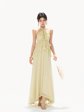 Flowing Sheer Halter Rhinestone Chiffon Long Dress Light Grass Green / M