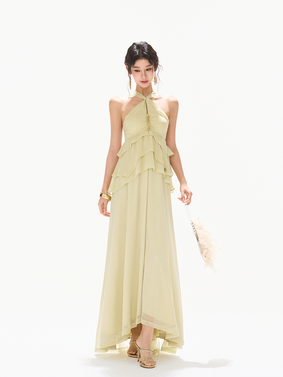cynr Flowing Sheer Halter Rhinestone Chiffon Long Dress  CHINASQUAD