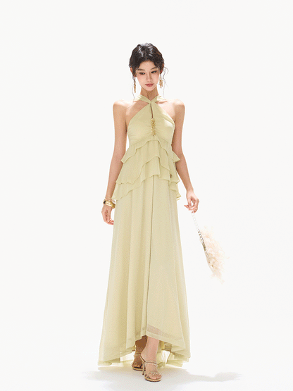 Flowing Sheer Halter Rhinestone Chiffon Long Dress