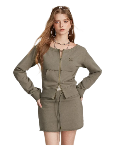 Raw Edge Zip Sweatshirt Set