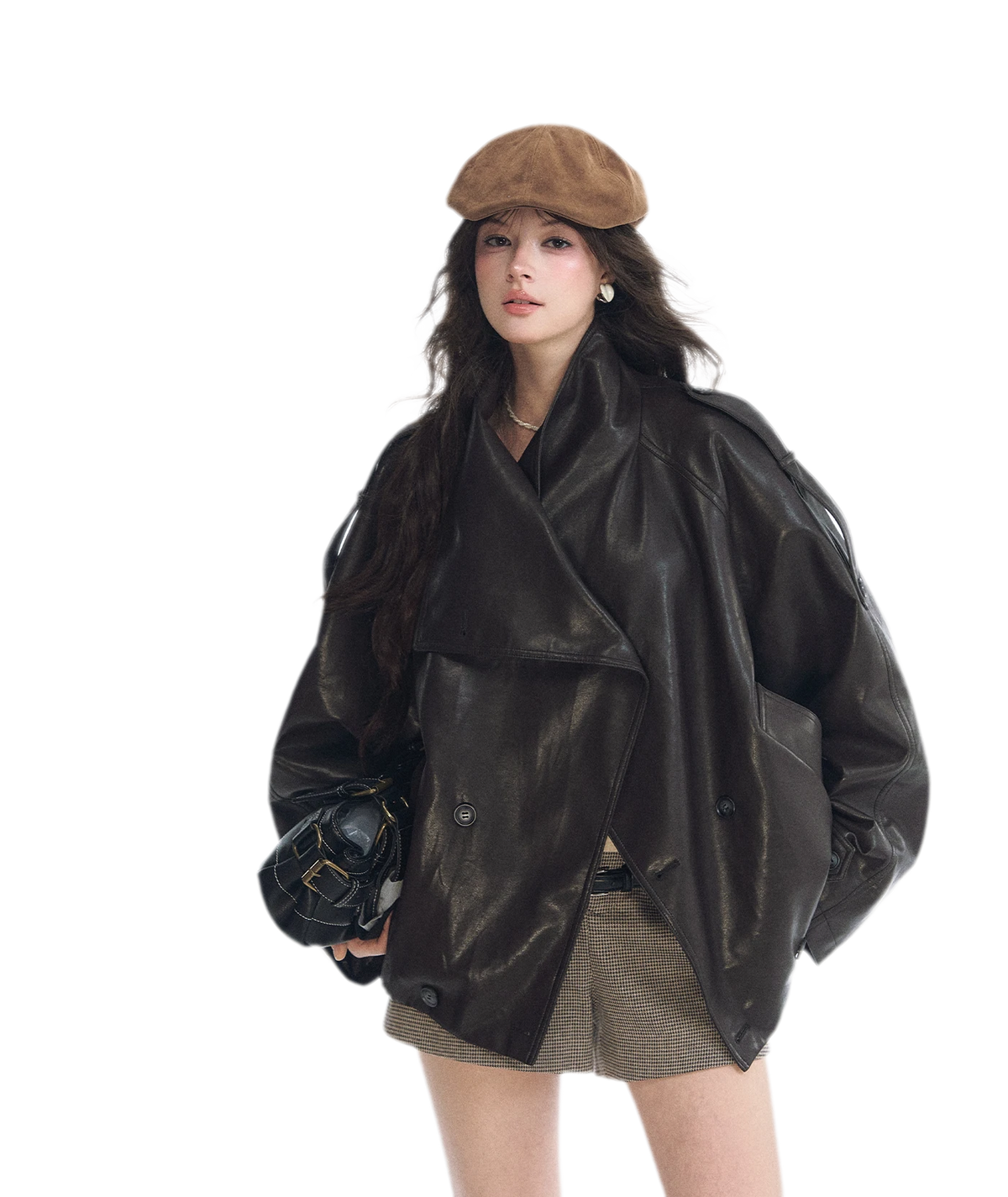 Faux-Leather Oversized Double-Breasted Jacket