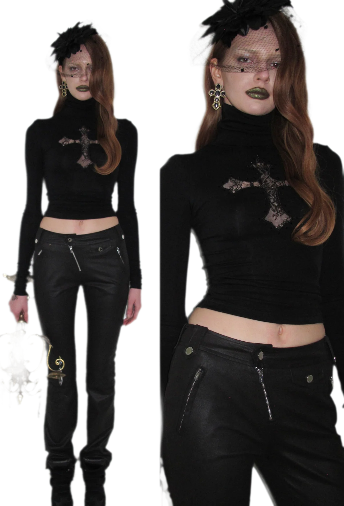 Rhinestone Lace Turtleneck Knit Top