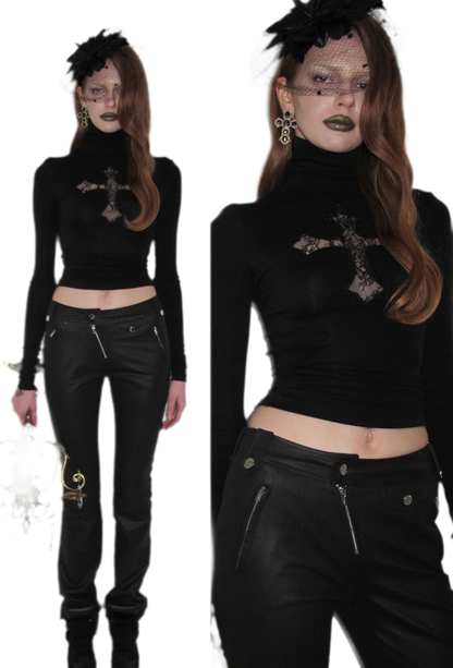Rhinestone Lace Turtleneck Knit Top