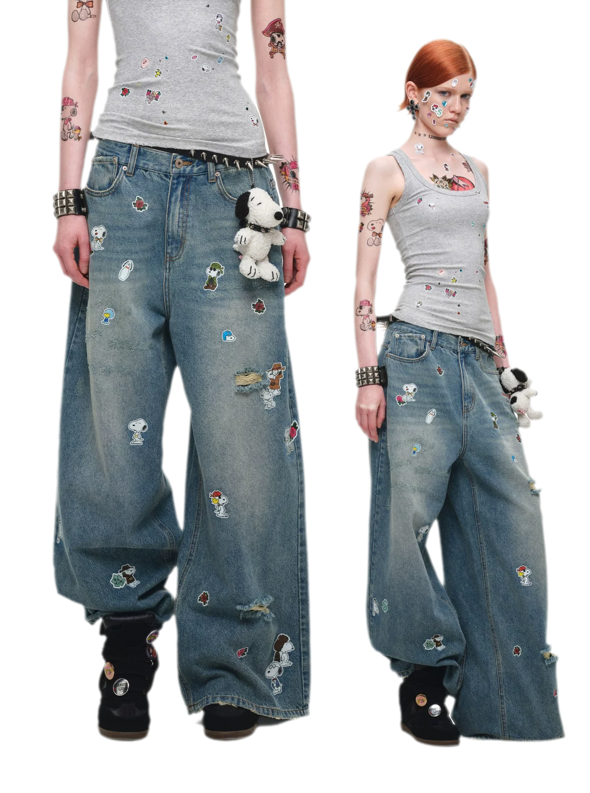 Washed Distressed Wide-Leg Jeans