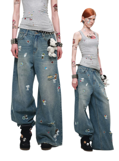 Washed Distressed Wide-Leg Jeans