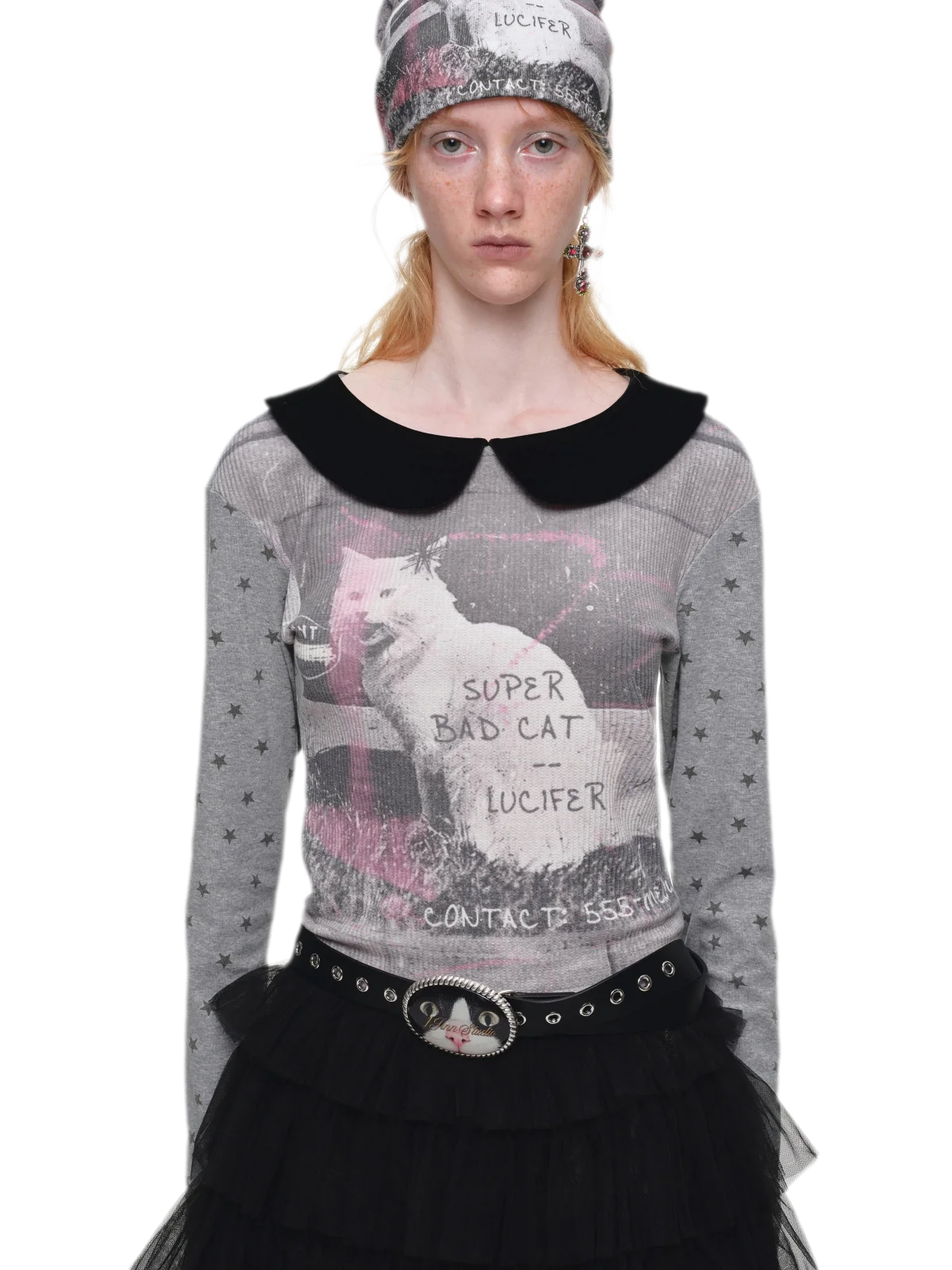 Camiseta de cuello Peter Pan con bloques de color y gato