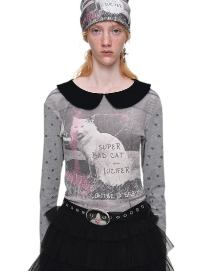 Camiseta de cuello Peter Pan con bloques de color y gato