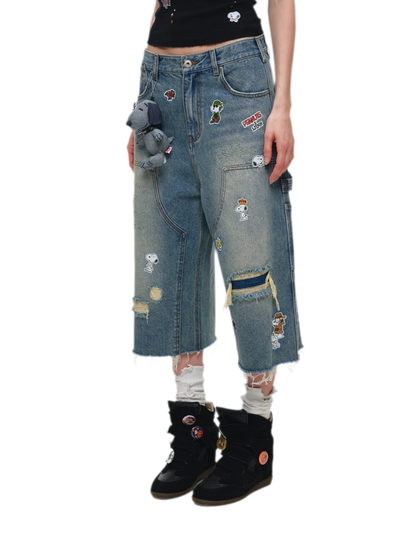 Washed Distressed Cropped Jeans