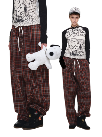 Contrast Plaid Wide-Leg Pants