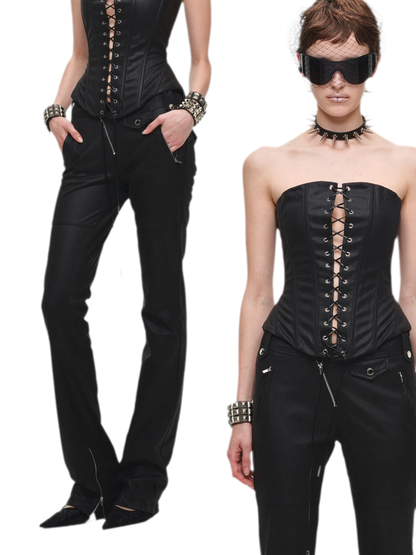Washed Leather-Look Slim Pants