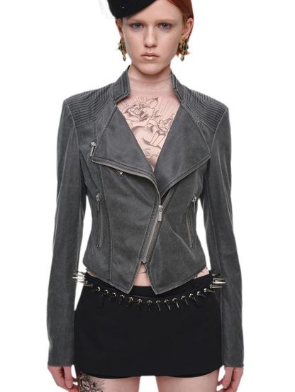 Washed Leather-Look Fitted Jacket