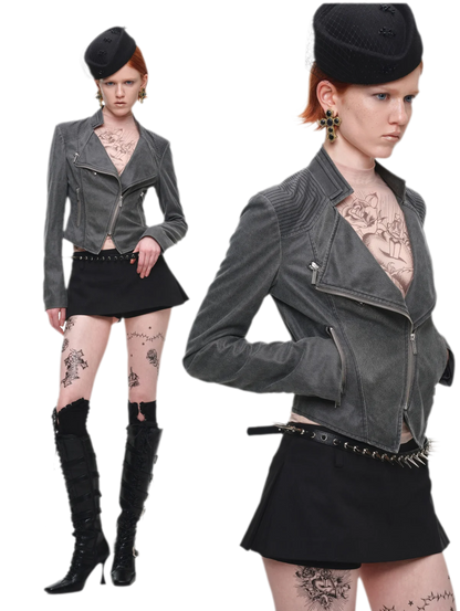 Washed Leather-Look Fitted Jacket